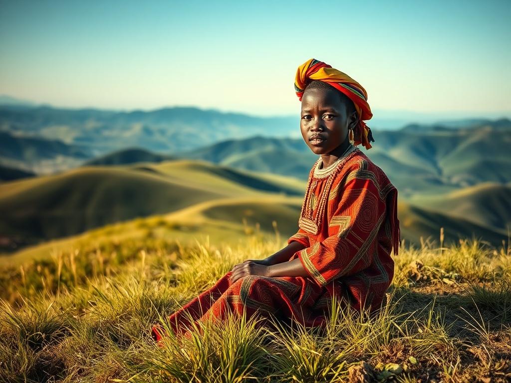 Create a realistic high-resolution photo reflecting the title "Exploring Kalenjin Culture Through Entertainment." The composition should feature a single subject: a young Kalenjin storyteller dressed in traditional attire, sitting on a grassy hilltop. The storyteller should have an engaging expression, capturing the essence of sharing Kalenjin folklore. 

In the background, showcase a sweeping landscape of the lush Kenyan highlands, with gently rolling green hills under a clear blue sky, adding depth and context to the scene. Sunlight should cast a warm glow over the storyteller, enhancing their vibrant attire and the surrounding nature. The image should invite viewers to discover the rich traditions and stories of the Kalenjin through the art of entertainment, evoking a sense of connection and cultural pride. Keep the composition simple and clear, focusing on the subject and the beauty of the natural environment without any distracting elements.