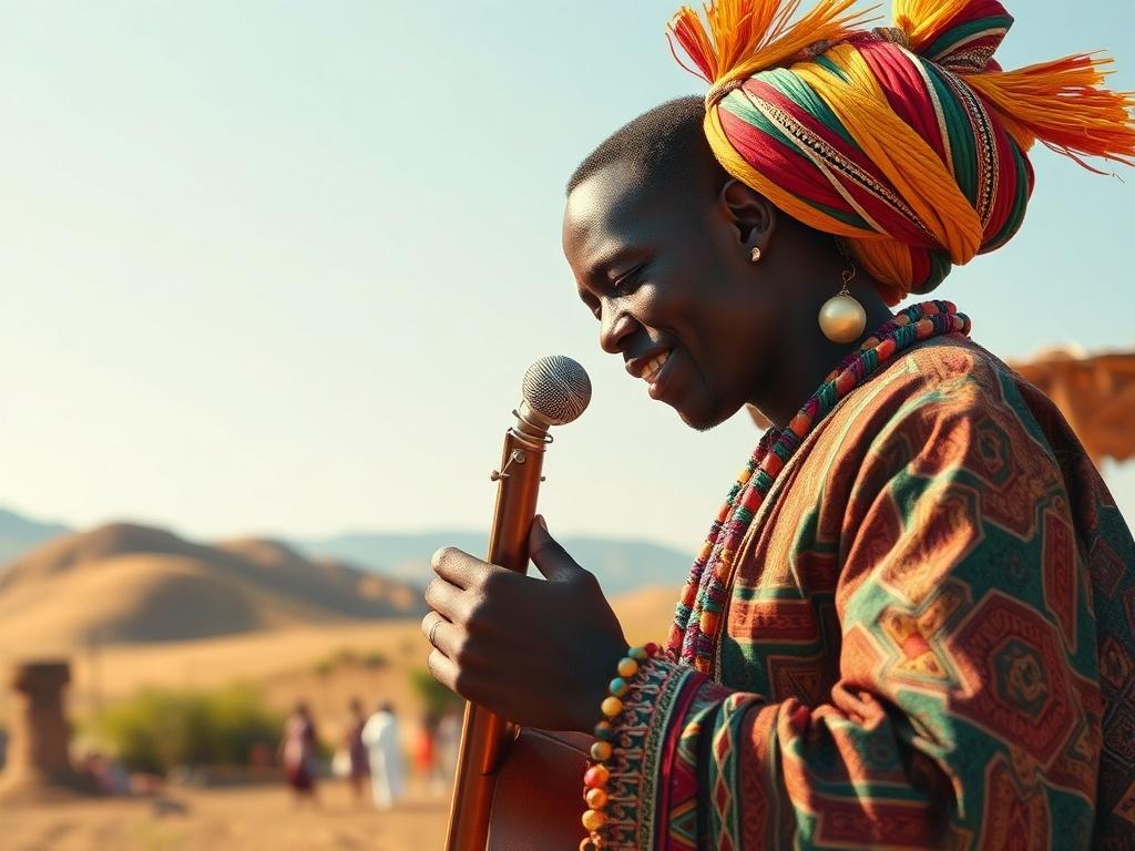 **Prompt for AI Image Generator:**

Create a realistic high-resolution photo that embodies the essence of Kalenjin entertainment culture. The image should feature a single Kalenjin musician, passionately playing a traditional musical instrument, capturing the vibrant spirit of the Kalenjin community. The musician should be dressed in colorful traditional attire that reflects the cultural heritage of the Kalenjin people, complete with intricate patterns and accessories.

In the background, depict a lively vi