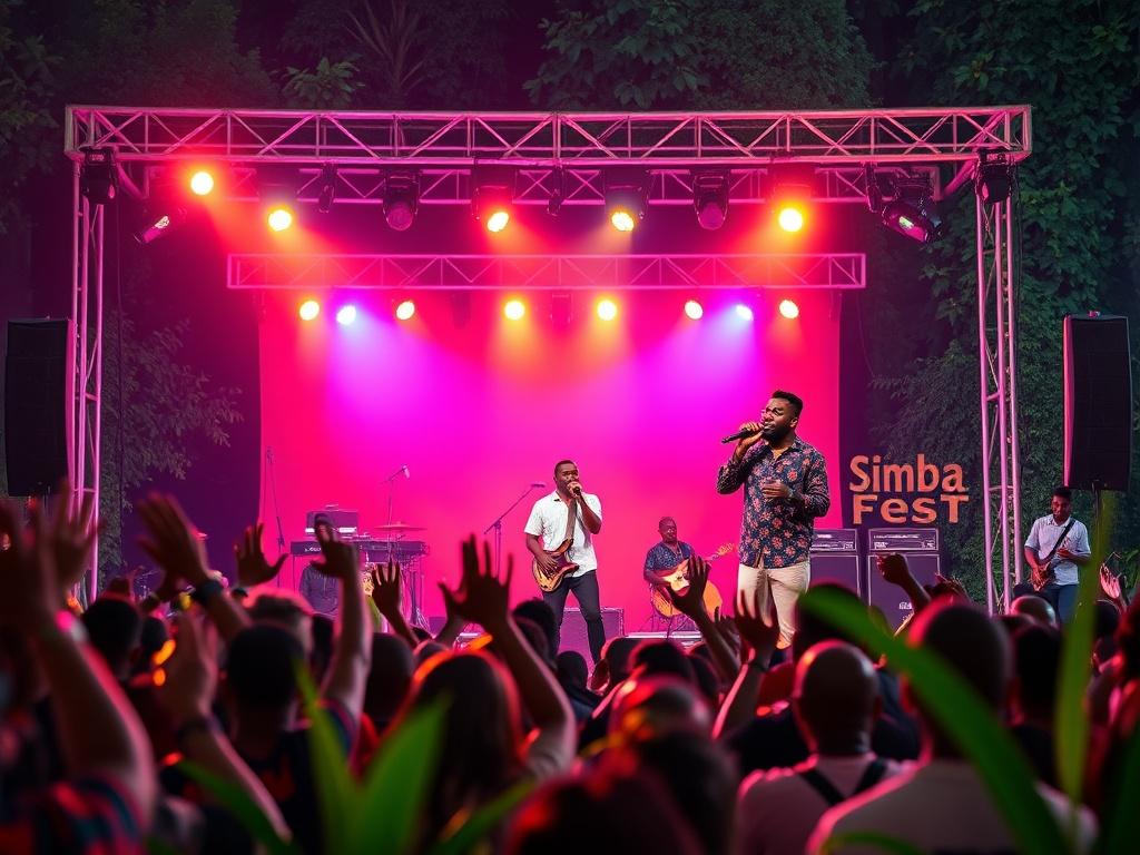 A vibrant live concert scene featuring Kalenjin musician Sweetstar performing on stage at Dansed Gardens. The stage is illuminated with colorful lights and a cheering crowd, showcasing excitement and energy. The background includes lush greenery typical of a garden, with decorations that reflect the festive atmosphere of Simba Fest. The image captures the spirit of a lively musical event.