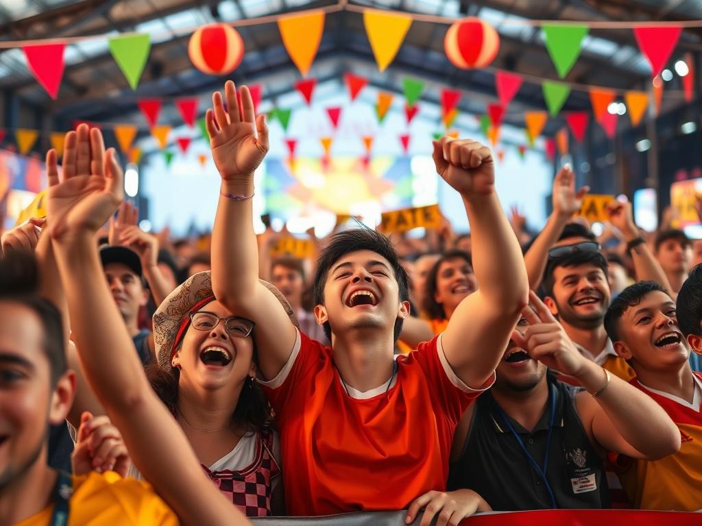A vibrant and engaging photo of fans celebrating at an outdoor event, with people cheering and holding banners. The background features colorful decorations and a festive atmosphere, capturing the excitement of a large gathering. Focus on the joyful expressions of fans, highlighting the community spirit in a well-lit, lively setting.