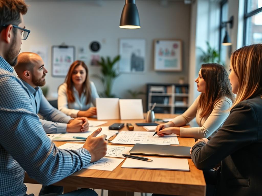 A close-up shot of a branding strategy session in progress, featuring a consultant presenting ideas to a small group of business owners. The setting is modern and creative, with branding materials and sketches displayed on a table.