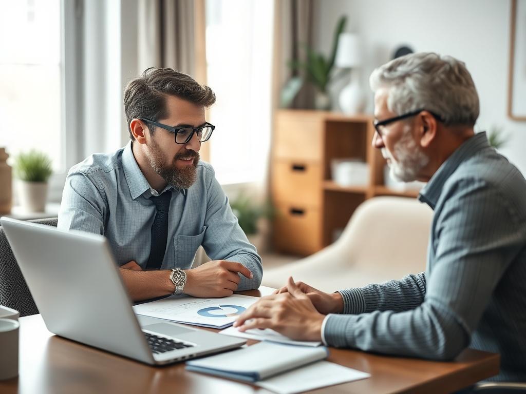 A close-up shot of a financial advisor discussing plans with a small business owner. The setting is a cozy office with financial documents and a laptop open, displaying charts and graphs.