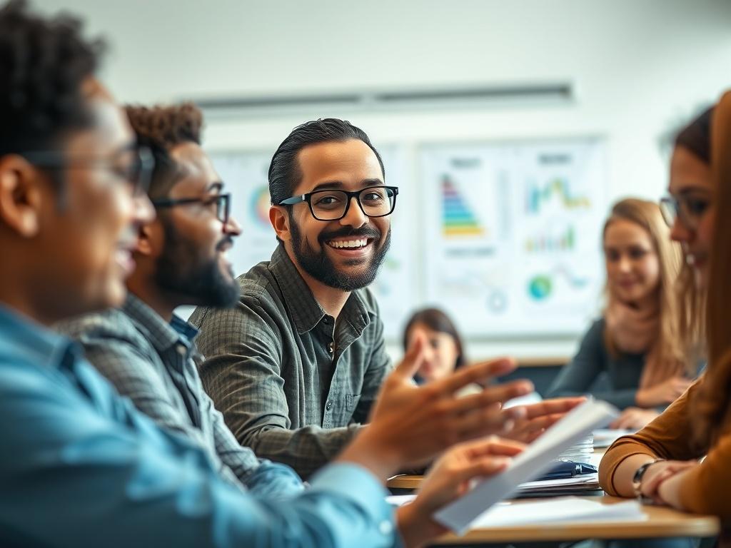 A close-up shot of a diverse group of people engaging in a business creation workshop. The focus is on a friendly instructor explaining concepts to eager participants. The background is a bright, inviting classroom setting with charts and notes visible.