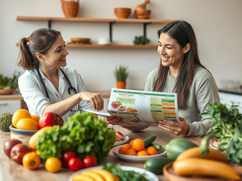 A close-up shot of a nutritionist discussing meal plans with a client. Fresh fruits and vegetables are displayed on the table, creating a vibrant and healthy atmosphere. The nutritionist is pointing at a colorful meal plan, and the client is smiling, engaged in the conversation.