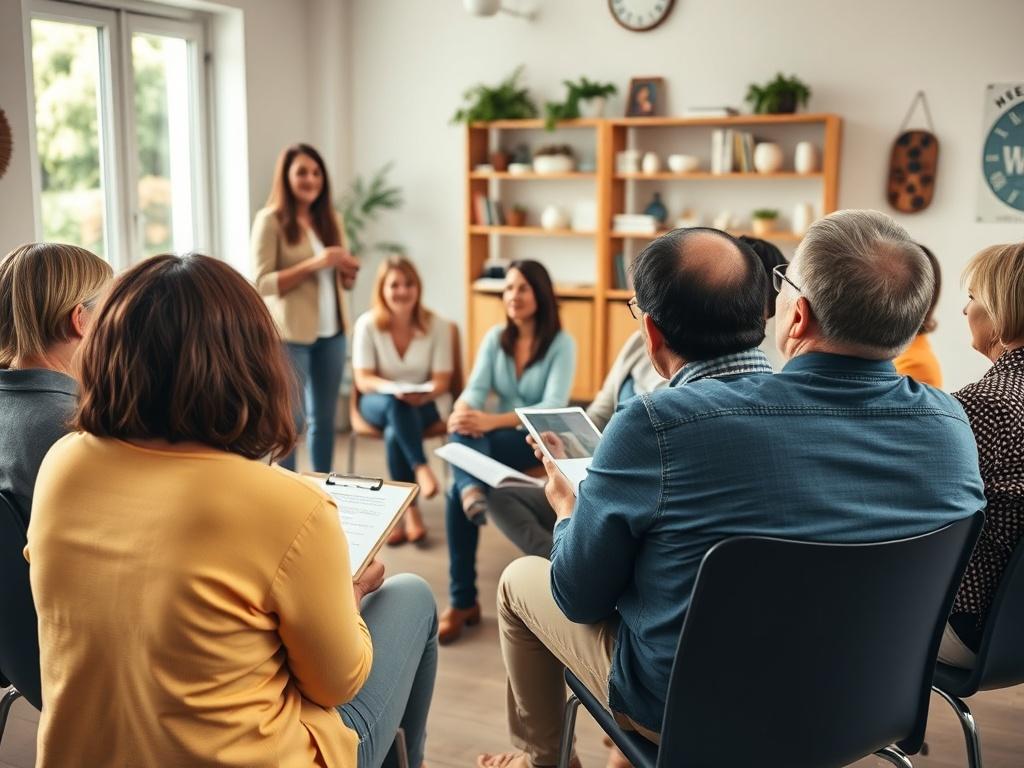 A close-up shot of a wellness workshop in progress, with participants seated in a circle, engaging in discussion. A facilitator stands in front, sharing insights, while attendees take notes and express interest. The room is bright and filled with wellness-related materials, creating a positive and inviting atmosphere.