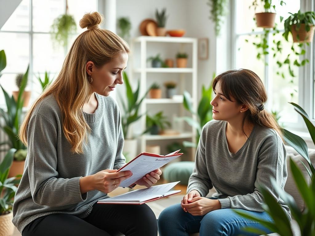 A close-up shot of a health coach discussing wellness strategies with a client. The coach is holding a notepad with healthy meal plans, and the client is engaged and taking notes. The background is a bright, inviting room filled with plants and wellness items, emphasizing a holistic atmosphere.