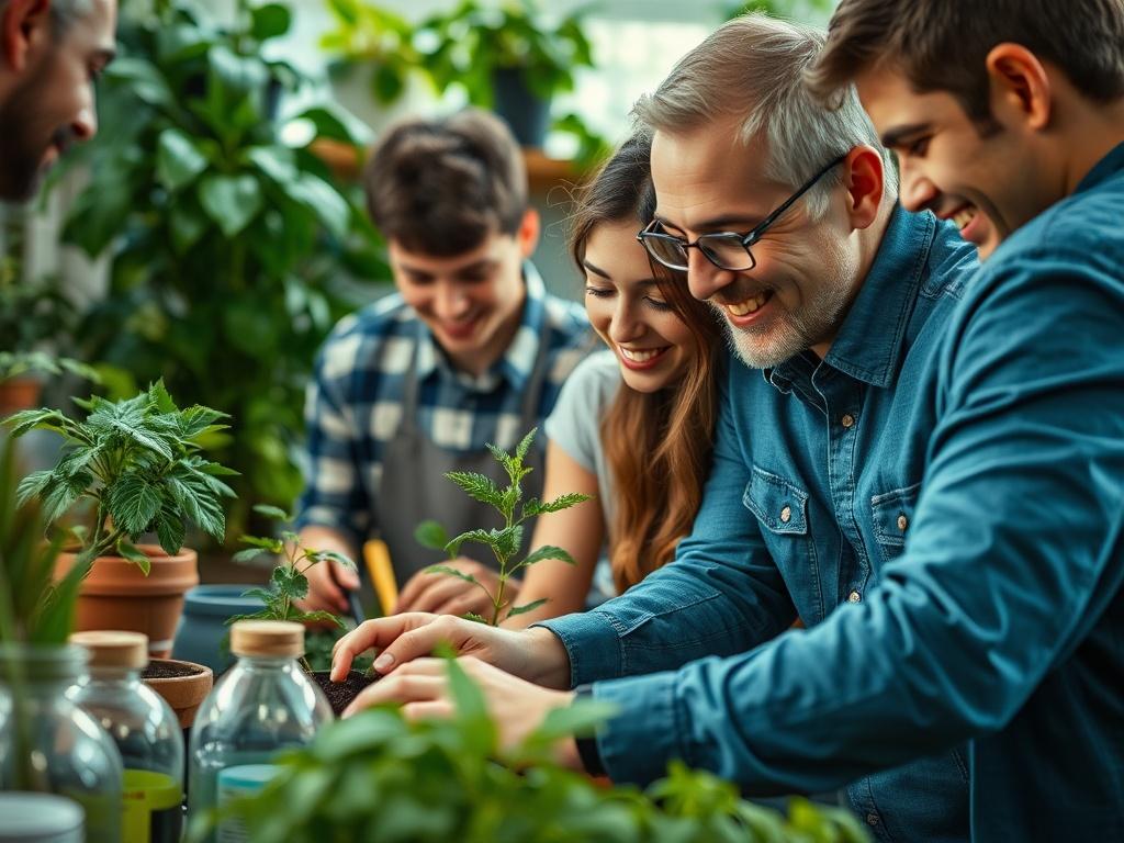 A vibrant close-up of a family engaging in sustainable practices at home, such as gardening and recycling. The setting shows plants and eco-friendly products, creating a lively and green atmosphere. The image conveys a sense of community and commitment to sustainable living.