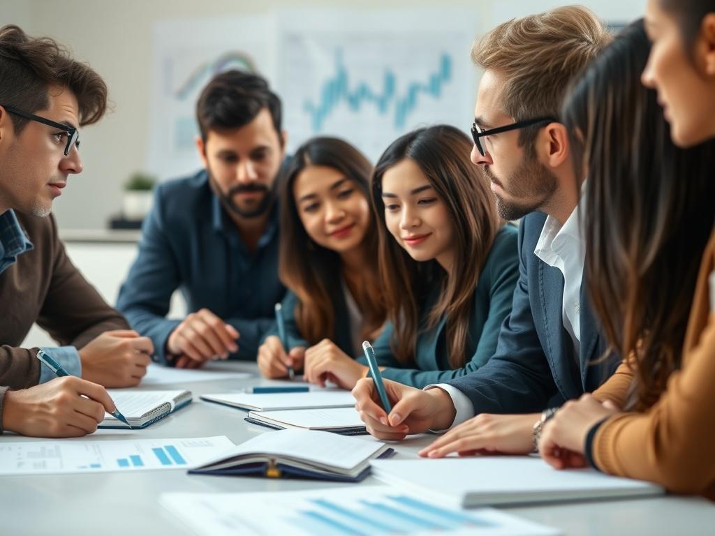A close-up shot of a diverse group of individuals engaged in a financial workshop, with charts and graphs in the background. They are sitting at a table with notebooks and pens, focused on discussion. The setting is bright and inviting, with natural light illuminating the room, emphasizing a collaborative learning environment.