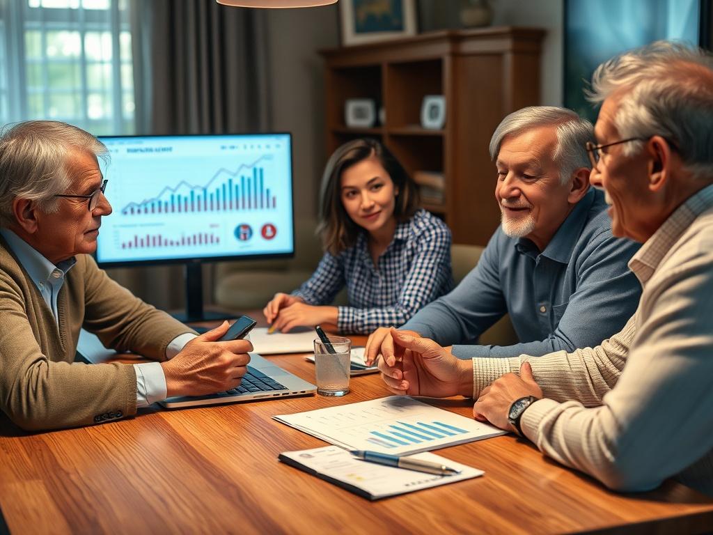 A close-up image of a financial advisor discussing investment strategies with a family at a dining table. The background features a financial portfolio and a laptop displaying investment graphs. The atmosphere is warm and engaging, showcasing a meaningful family discussion about legacy.