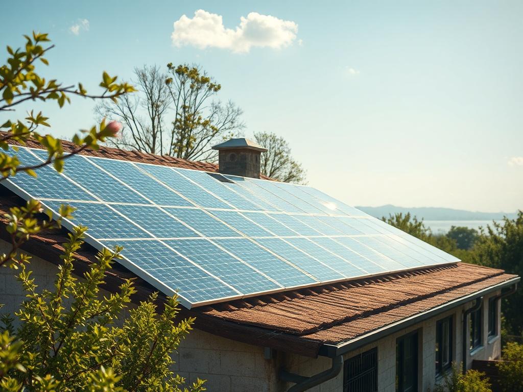 A high resolution image showcasing a rooftop covered with solar