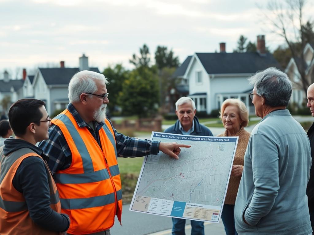 Create a realistic high-resolution photo featuring a community safety event in Berkeley Shores. The composition should be simple and clear, highlighting one central subject: a dedicated community volunteer wearing a bright safety vest, actively engaging with a small group of residents. The volunteer should be pointing to a neighborhood map that illustrates accessible paths, safe crossing points, and other safety features.

The background should depict a charming suburban neighborhood with well-kept houses, trees, and green spaces, evoking a sense of warmth and community. Soft gray tones should enhance the structures, while cool-toned blues can filter through the sky or be reflected in nearby water bodies, creating an inviting atmosphere. Make sure the volunteer's vivid safety vest contrasts with the serene background to draw attention to their role in enhancing neighborhood safety.

Focus on capturing the expressions of the residents—curiosity and engagement—demonstrating the collaborative spirit of Berkeley Shores’ initiatives. The overall mood of the image should convey a sense of community involvement and dedicated effort toward improving local safety through collective action.