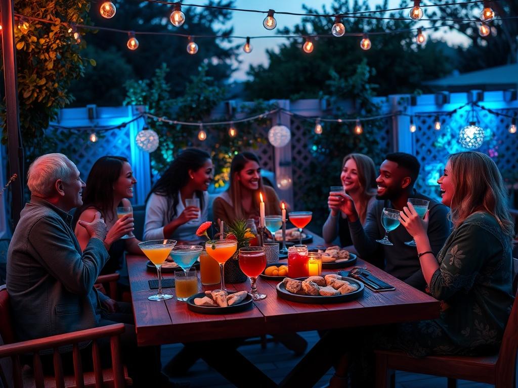 A cozy outdoor setting at dusk, filled with soft blue lighting and elegant decorations. A wooden table adorned with a variety of colorful cocktails and appetizers, with a backdrop of lush greenery. A group of diverse friends laughing and enjoying their drinks, showcasing a sense of community and celebration.