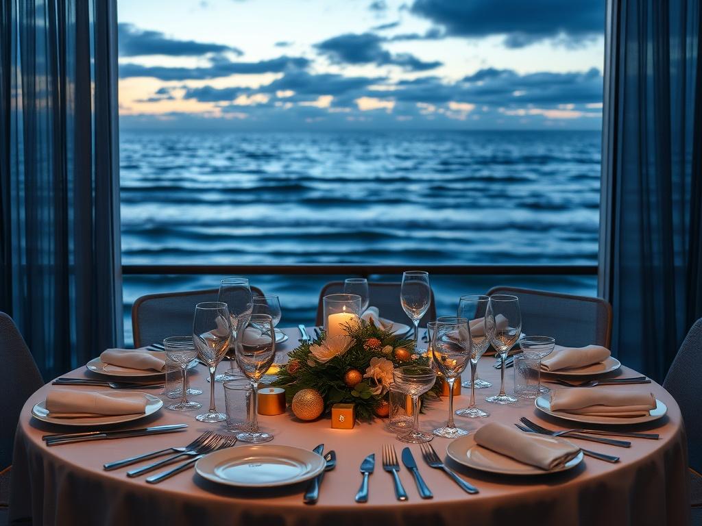 Create a realistic high-resolution photo of a beautifully set dinner table for a New Year's party. The table should be elegantly arranged with fine china, sparkling glassware, and festive decorations like gold and silver accents. In the background, showcase a stunning ocean view at sunset, with soft waves and a dusky sky painted in shades of blue and gray. The composition should focus on the table setting as the main subject, with the ocean view providing a breathtaking backdrop.