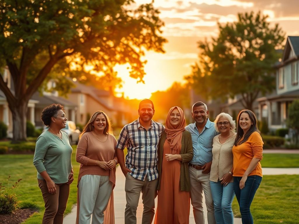 A warm and inviting scene featuring a diverse group of engaged community members standing together in a picturesque neighborhood park. The background showcases lush greenery and well-maintained homes under a golden sunset sky. The members are smiling and interacting, symbolizing unity and community spirit. Soft, golden hues create a serene atmosphere, emphasizing the importance of community involvement.