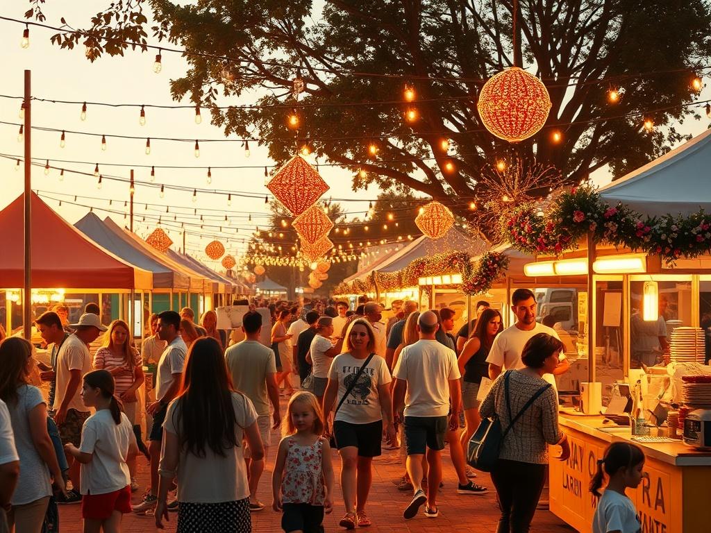 A lively community festival in Berkeley Shores, with families enjoying games, food stalls, and colorful decorations, all under warm golden lighting that creates a festive atmosphere.