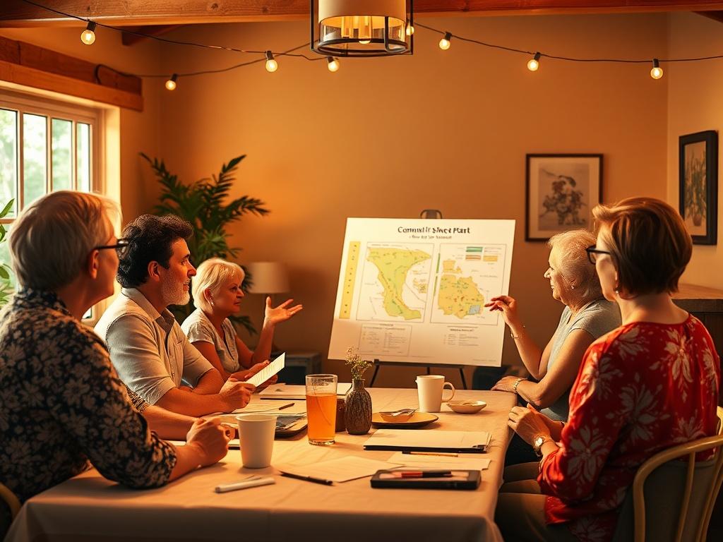 A vibrant community meeting in Berkeley Shores, featuring enthusiastic residents discussing plans for a new park, with colorful charts and a warm, inviting atmosphere.