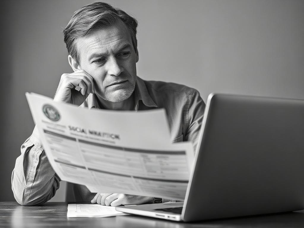 A close-up of a thoughtful person analyzing documents with Social Security and Medicare information. The individual appears engaged and focused, seated at a desk with a laptop open in front of them. The background is simple and uncluttered, suggesting a calm and organized workspace. The image is rendered in high-resolution black and white, highlighting the serious nature of decision-making regarding benefits.