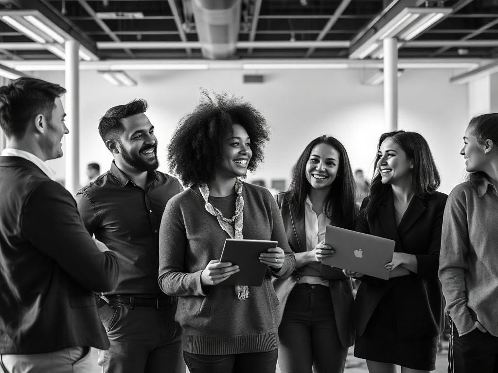 A high-resolution black and white image of a diverse group of employees in a modern office setting. They are engaged in a team discussion, smiling and looking at each other, conveying a sense of unity and collaboration. The background showcases a well-lit office space with minimal distractions, emphasizing the importance of teamwork and employee benefits.