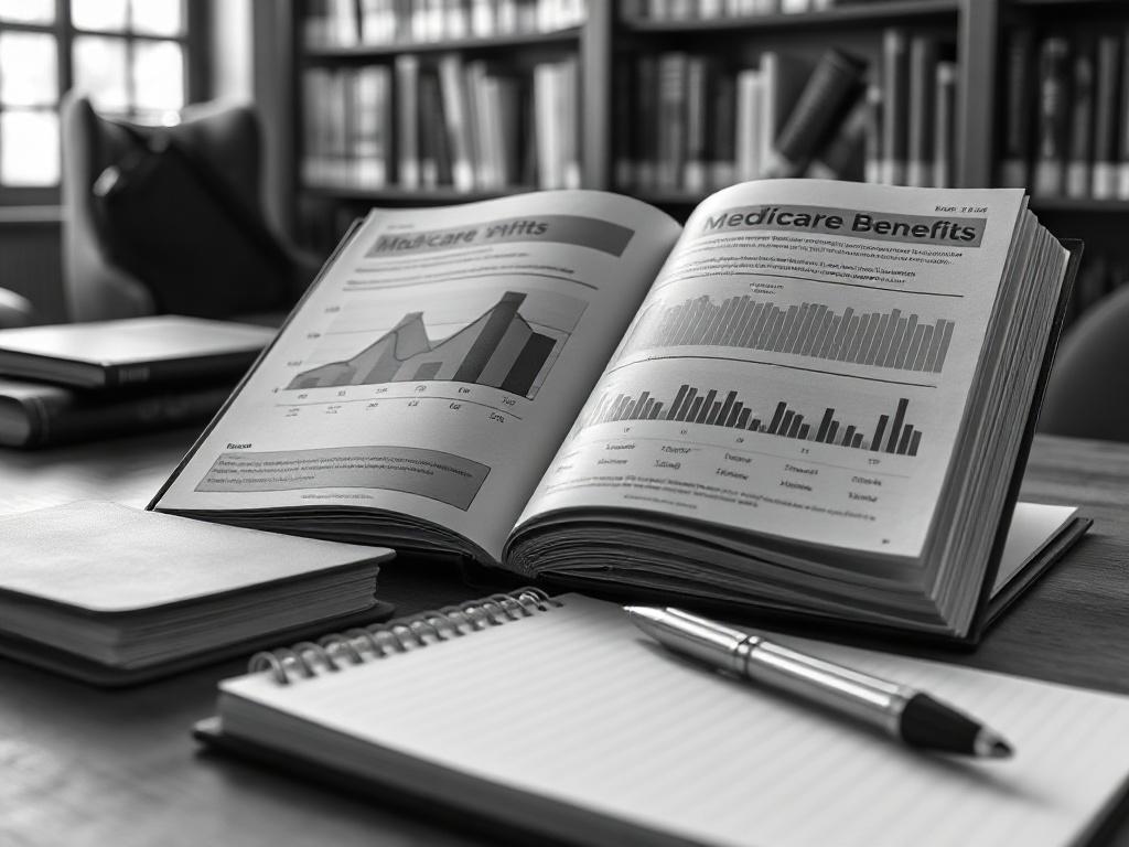 A close-up image of an open book with charts and infographics about Medicare benefits, alongside a notepad and pen. The setting should look organized and professional, with a subtle hint of a cozy library atmosphere in the background. The image should be rendered in black and white.