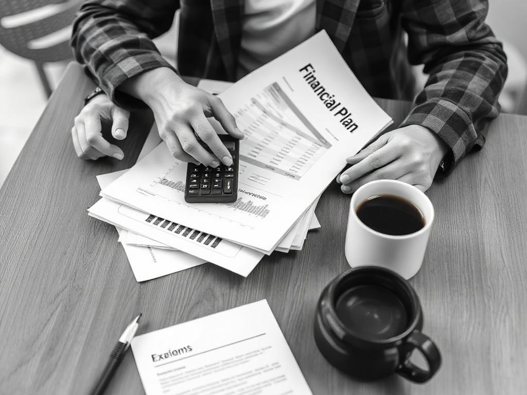 An individual reviewing documents at a table, with a calculator and a financial plan in front of them. The person appears focused and determined, with a cup of coffee on the side. The background should be softly blurred to emphasize the documents and the person. The image should be rendered in black and white.