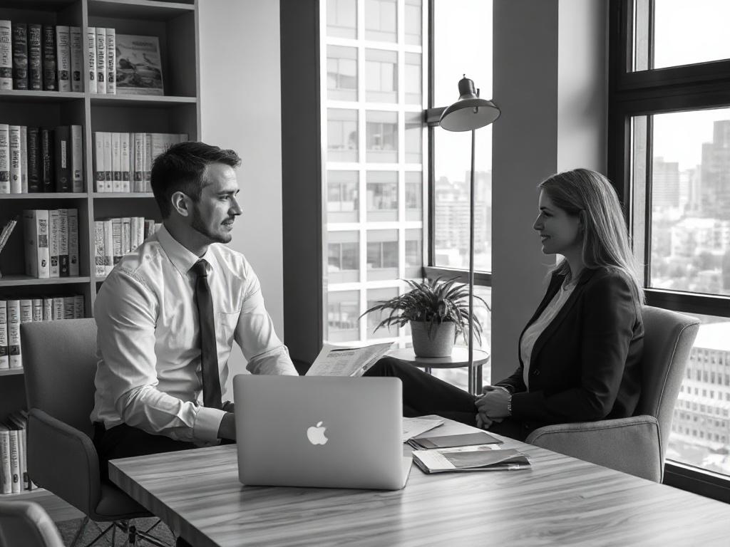 A professional consultant sitting across from a client in an office setting, discussing financial documents. The consultant is listening attentively, with a laptop open on the table between them. The background features a bookshelf with financial literature and a window showing a cityscape. The image should be rendered in black and white.