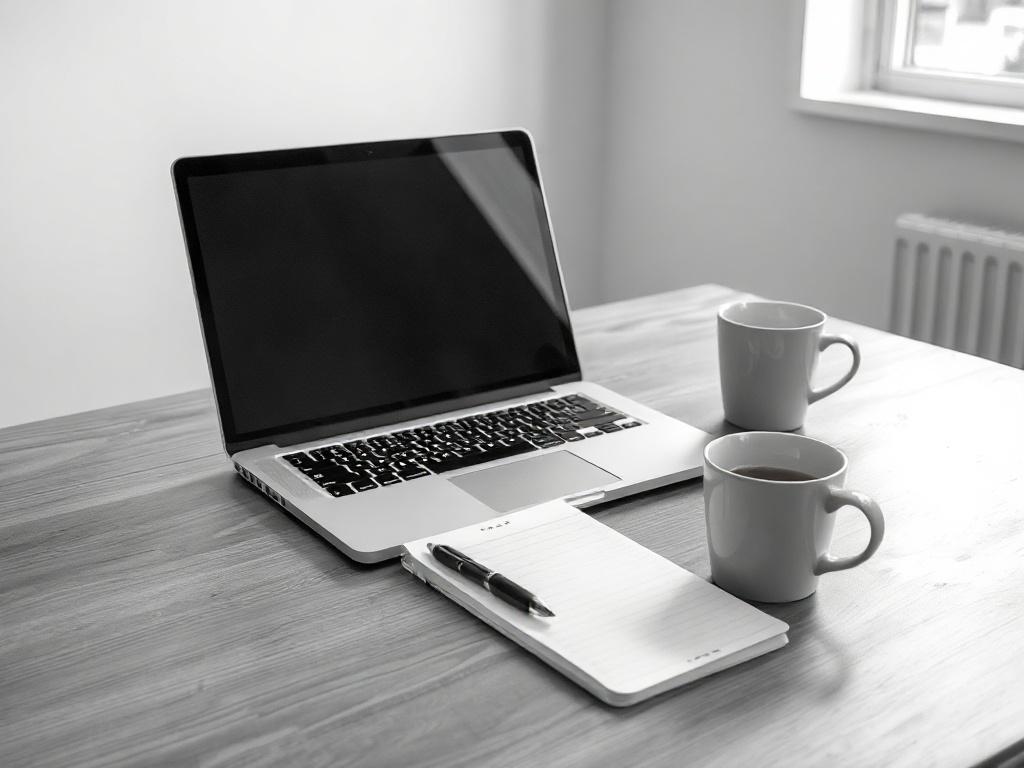 A realistic high-resolution black and white photo depicting a serene and organized workspace. The composition should feature a wooden desk with a laptop, a notepad with a pen, and a coffee cup. The background should be minimalistic, with soft natural lighting coming from a nearby window, creating a calm atmosphere. The focus should be on the desk items, reflecting a professional and inviting environment, without any people present.