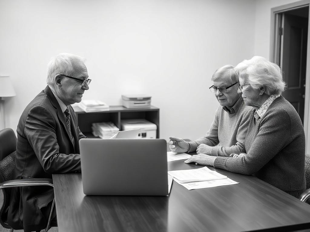 A realistic high-resolution photo of a caring consultant sitting at a desk, attentively discussing Medigap plans with an elderly couple. The couple appears engaged and reassured, with paperwork and a laptop in front of them. The background is a simple office setting, conveying professionalism and warmth, with soft lighting to enhance the friendly atmosphere.