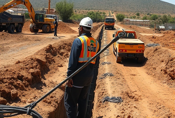 Fibre network installation site with trenching equipment and civil preparation work