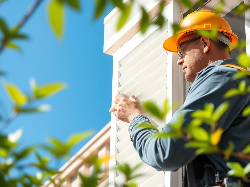 A close up shot of a professional installing hurricane shutters