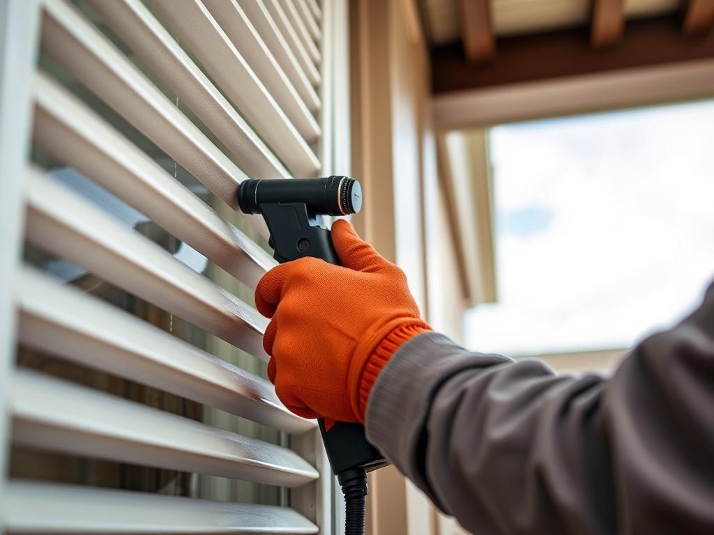A close up shot of a professional installing hurricane shutters