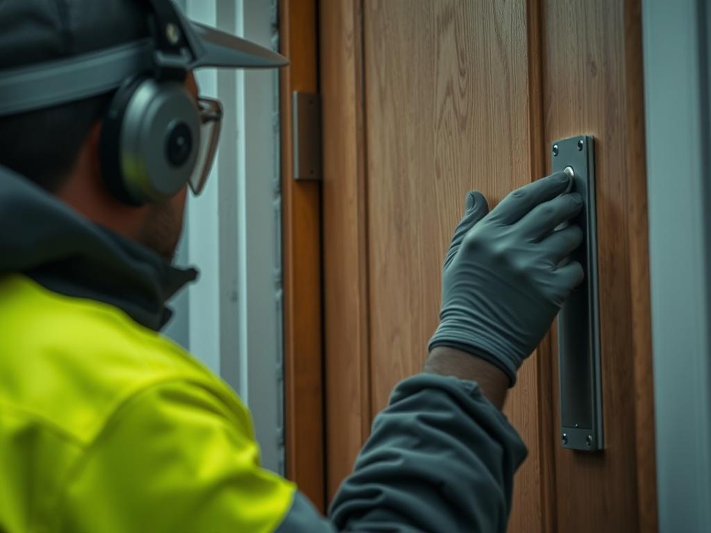 A close up shot of a technician reinforcing a door