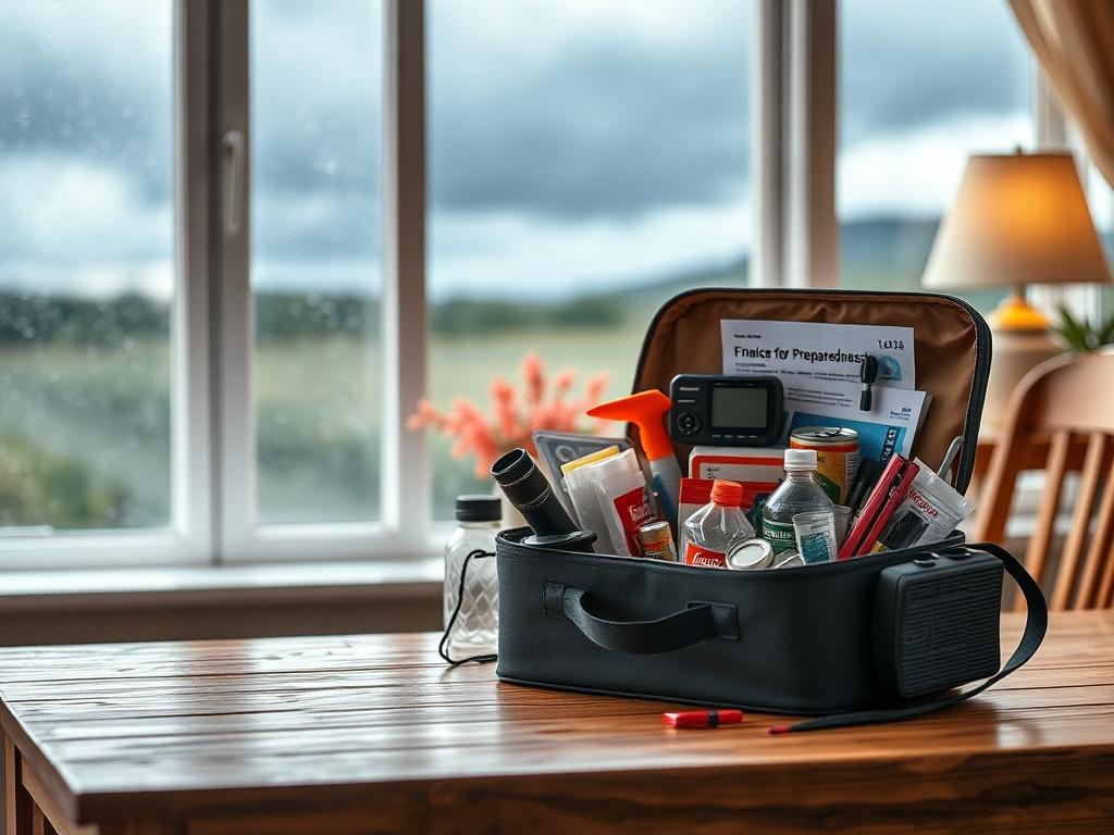 Create a realistic high-resolution photograph that captures the essence of preparing for hurricane season. The composition should be simple and clear, featuring a single subject: a well-organized emergency preparedness kit placed on a sturdy wooden table. The kit should be open, displaying essential items such as flashlights, batteries, a first aid kit, bottled water, canned food, and a weather radio. 

In the background, include a softly blurred view of a window with rain-splattered glass, hinting at an ap