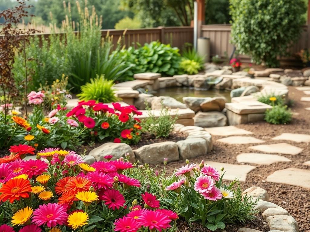 A stunning transformation of a backyard featuring a beautifully designed landscape. The foreground showcases vibrant flower beds with various colorful blooms, while the background includes a serene water feature surrounded by lush greenery. The scene is set in soft, natural lighting, emphasizing the textures of the plants and the inviting atmosphere of the outdoor space.