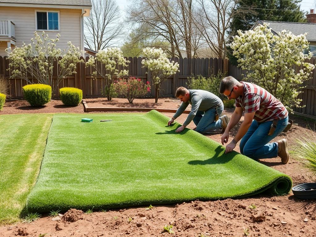 A professional landscaping team in action, installing new sod in a residential yard. The team is shown carefully laying down fresh rolls of sod on a sunny day, with tools scattered around. In the background, the partially completed garden features blossoming shrubs and trees, highlighting the meticulous work being done to create a beautiful outdoor space.