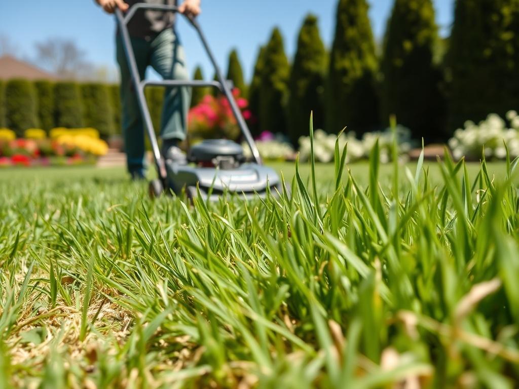 A close-up of a well-maintained lawn being mowed by a skilled landscaper. The grass appears vibrant and healthy, showcasing the results of regular maintenance. The background features neatly trimmed hedges and seasonal flowers, all under a clear blue sky, illustrating the commitment to keeping outdoor spaces looking their best.