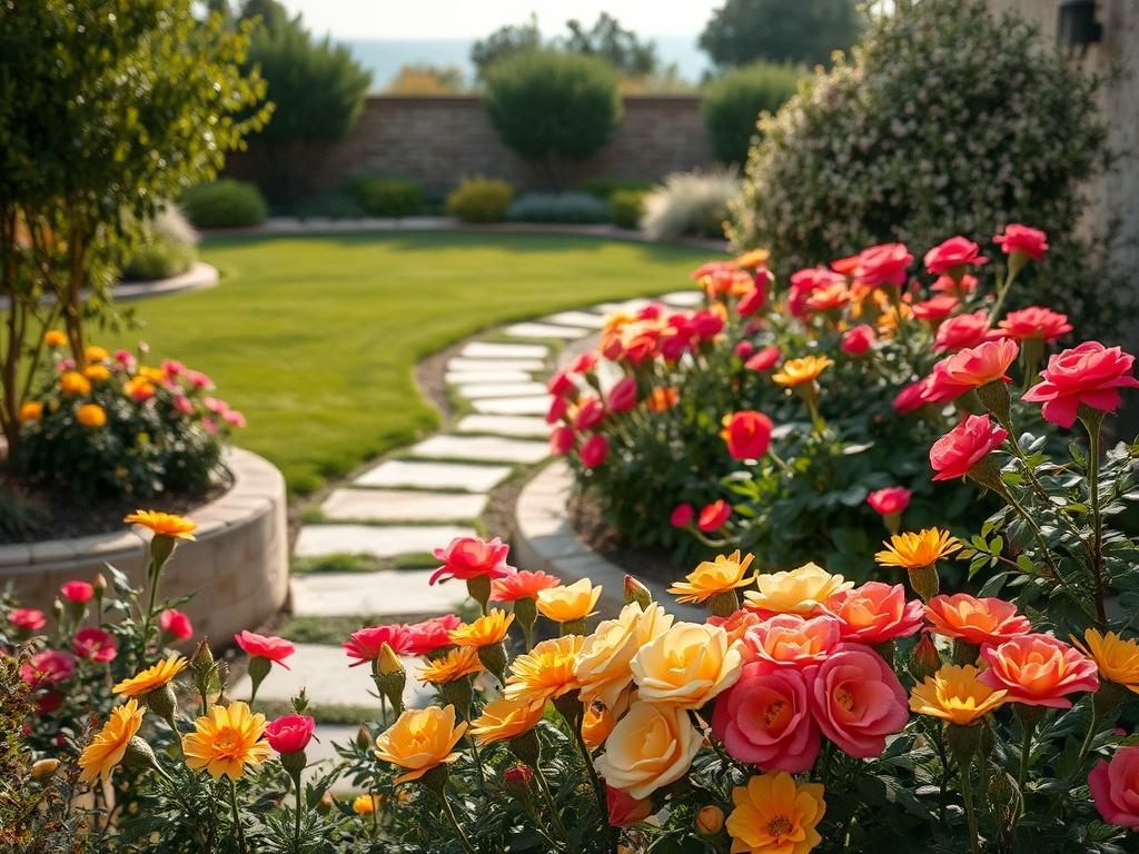 A serene outdoor space featuring a beautifully landscaped garden with