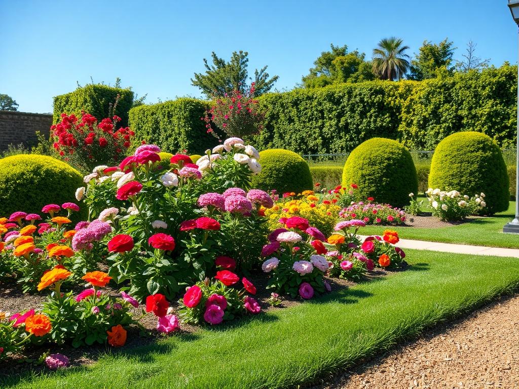 A high-resolution photograph of a beautifully landscaped garden featuring vibrant flowers, neatly trimmed shrubs, and a well-maintained lawn. The sunlight gently illuminates the scene, casting soft shadows and highlighting the rich colors of the blooms. The composition focuses solely on the garden, with a clear blue sky in the background, creating a serene and inviting atmosphere.