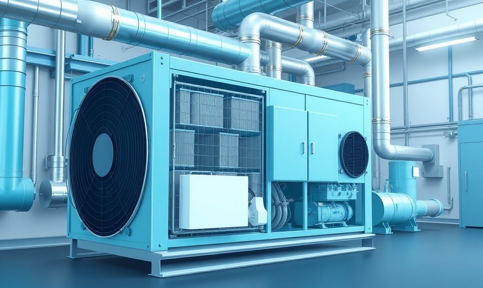 Air handler unit in HVAC system showing ducting and filters