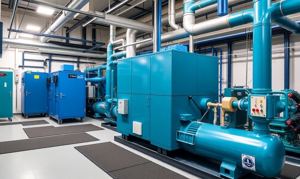 Central plant equipment room with boiler, chiller, and mechanical systems