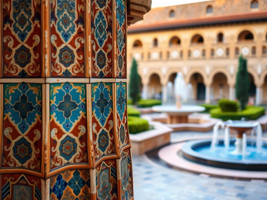 **AI Image Generation Prompt:**

Create a realistic high-resolution photograph that captures the essence of Granada's rich cultural heritage, titled "Cultural Gems of Granada". The focus should be a beautifully detailed close-up of the intricate Moorish architecture found in the Alhambra, showcasing the stunning patterns and textures of the ancient tile work. The composition should be simple and clear, featuring only this single architectural element as the subject.

In the background, please include soft, 