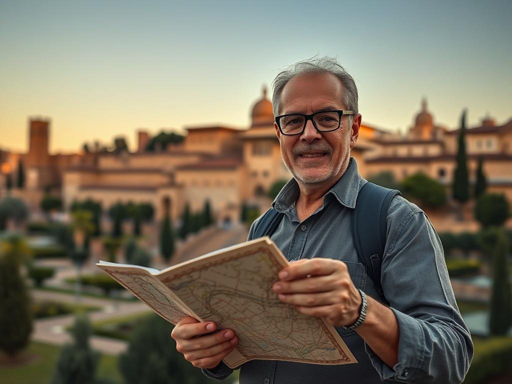 Create a realistic high-resolution photo that captures the essence of Granada's rich history. The composition should feature a single subject: a knowledgeable guide, a middle-aged person of Mediterranean descent, standing in front of the stunning Alhambra palace. The guide should be dressed in casual, yet professional attire, exuding warmth and approachability, holding a unique map or artifact related to Granada's cultural heritage. 

The background should beautifully showcase the Alhambra, with its intricate Islamic architecture and lush gardens, bathed in soft golden hour light that enhances the warm tones of the building. The sky should be clear with a gentle gradient of colors indicating dawn or dusk. The focus should be sharp on the guide, with a slight blur in the background to emphasize the depth of the historical site, drawing the viewer's eye to the guide's expression of knowledge and passion for the history of Granada.

Overall, the image should evoke a sense of curiosity and invite viewers to uncover the secrets of Granada's cultural heritage with expert guidance. Exclude any text or abstract shapes; the focus is solely on the human connection to history in this beautiful setting.