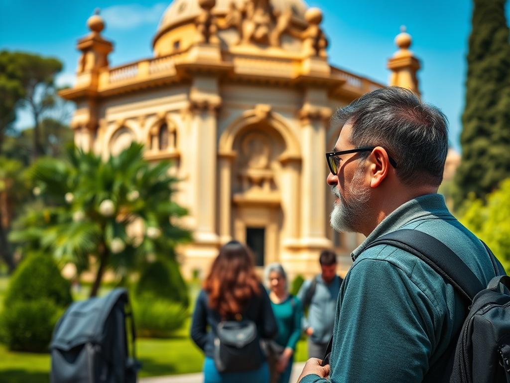 A detailed close-up shot of a prestigious monument in Malaga, highlighting intricate architectural details and textures. In the foreground, a licensed guide speaks to a small group of travelers, who are captivated by the story being shared. The background features lush greenery and a clear blue sky, creating a serene and inviting atmosphere. The focus is on the guide and the monument, emphasizing the exclusive access and unique experiences provided to discerning travelers.