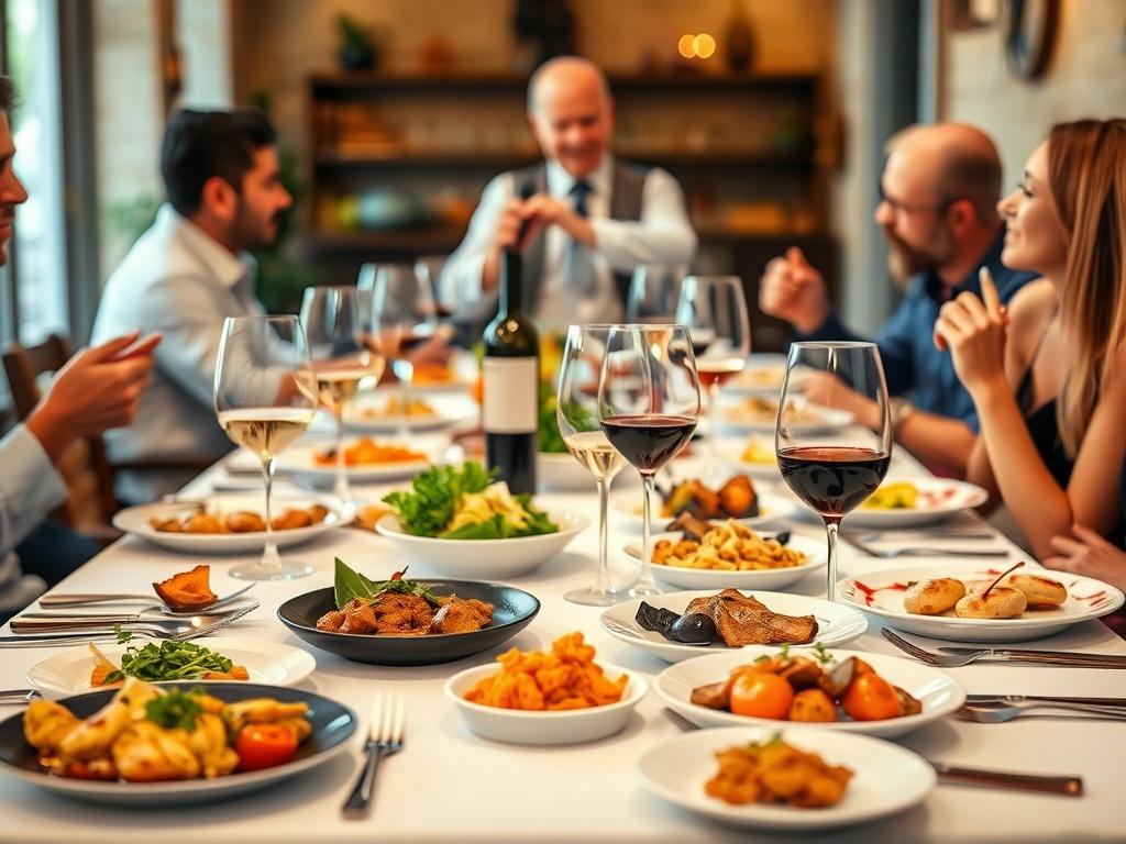 A beautifully arranged table set for a private food-and-wine immersion experience in Malaga. The table is adorned with a selection of local dishes and exquisite wines, showcasing the culinary richness of the region. In the background, a licensed guide describes the dishes while participants enjoy the meal, creating an atmosphere of enjoyment and discovery. The warm lighting enhances the inviting scene, capturing the essence of Andalusian gastronomy. The focus is on the table and the engaged participants, emphasizing the immersive culinary journey.