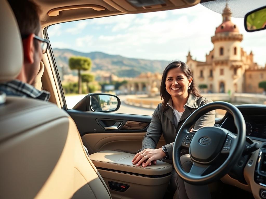 An image depicting a comfortable, luxury vehicle parked outside a