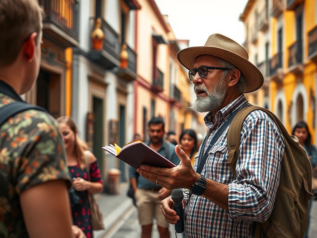 A close up shot of a licensed guide passionately explaining