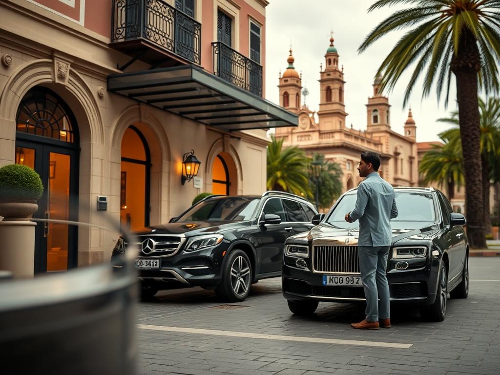A hyper realistic image of a luxury vehicle waiting outside
