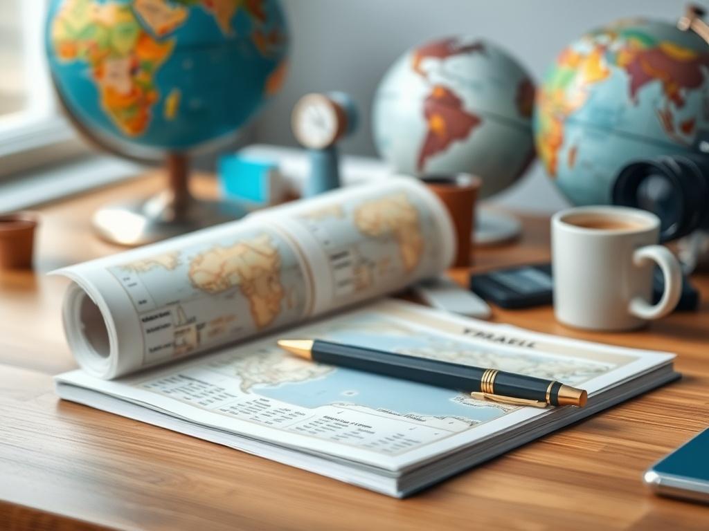 A close-up shot of a beautifully designed travel itinerary on a wooden desk, with a stylish pen and a coffee cup beside it. The background should include a soft-focus view of travel-related items like a globe and a camera, creating an atmosphere of wanderlust.