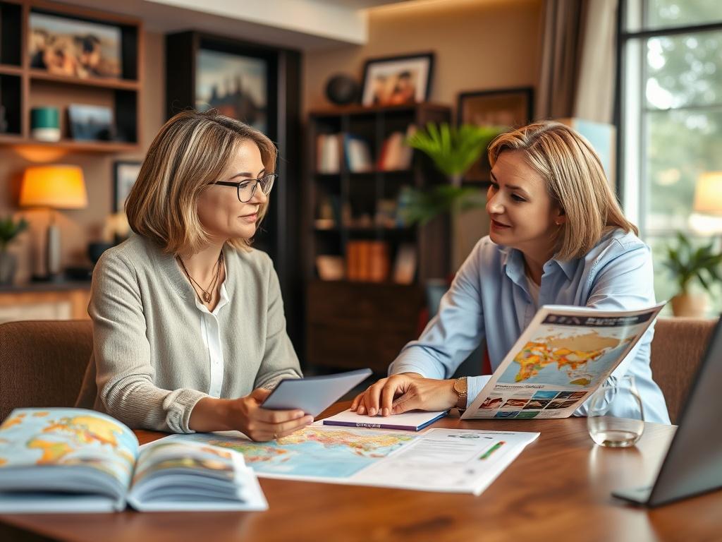 A close-up shot of a travel consultant discussing plans with a client, sitting at a stylish table with travel brochures and a map laid out. The background should be warm and inviting, showcasing a cozy office atmosphere, with rich colors and textures that evoke a sense of adventure.