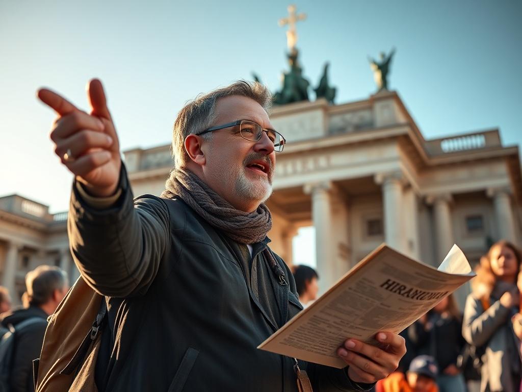 A close-up shot of a licensed guide passionately explaining history to a small group of travelers in front of a famous monument. The background should showcase the stunning architecture and vibrant atmosphere of a historical site, with warm sunlight filtering through.