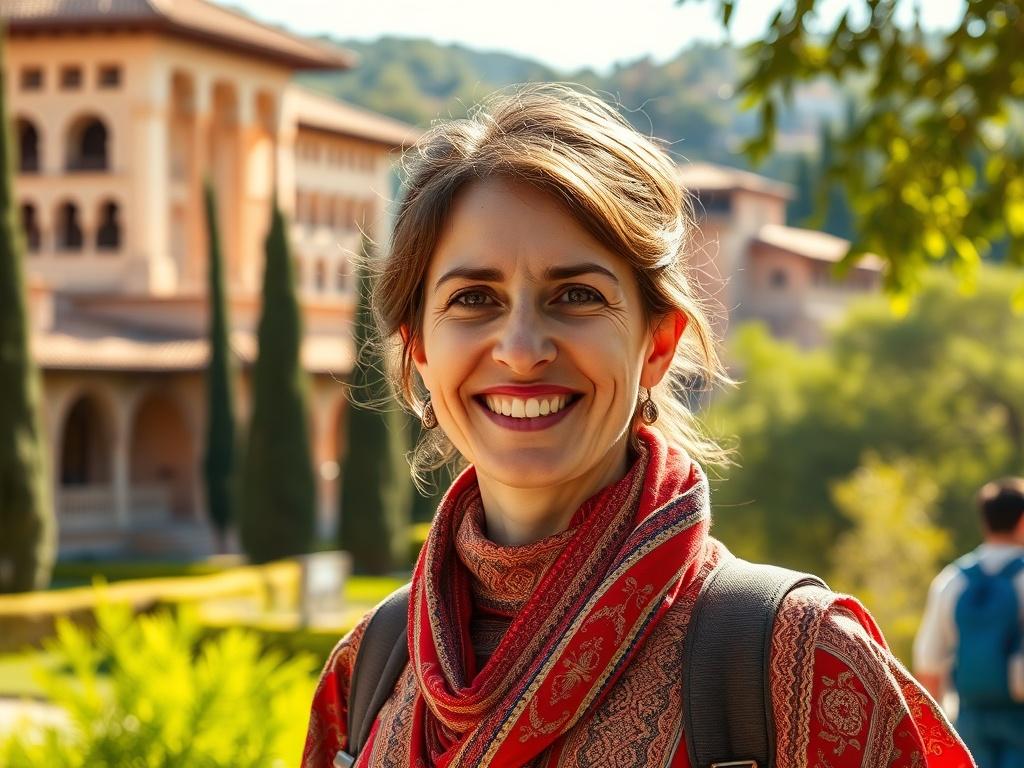 A high-resolution close-up shot of a smiling tour guide in traditional attire, standing in front of the Alhambra in Granada. The background should feature the intricate architecture of the palace, surrounded by lush greenery. The focus should be on the guide, with warm sunlight illuminating their face, conveying a welcoming atmosphere. The composition should be simple and clear, emphasizing the connection between the guide and the historic site.